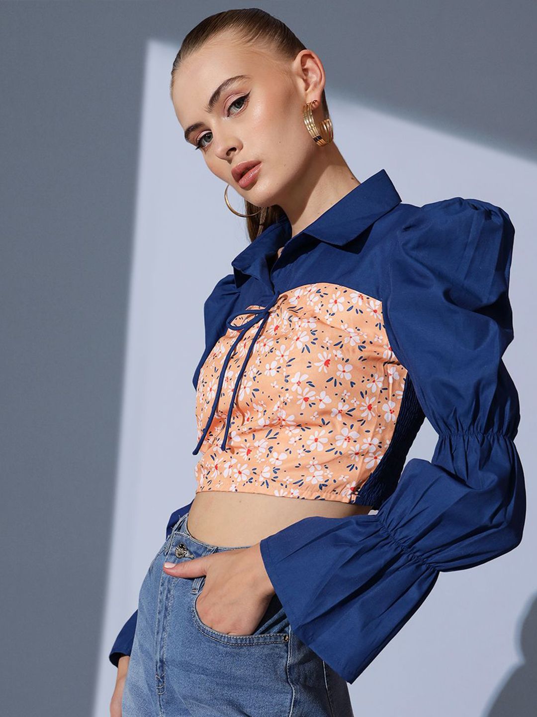 STREET 9 Shirt Collar Floral Printed Crepe Crop Top