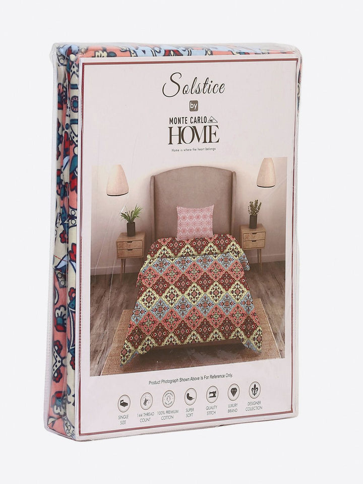 Monte Carlo Maroon & Blue Ethnic Motifs Cotton 144 TC Single Bedsheet Set-2.29 m x 1.52 m
