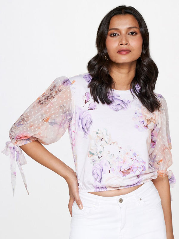 AND Floral Printed Puff Sleeve Croped Blouson Top