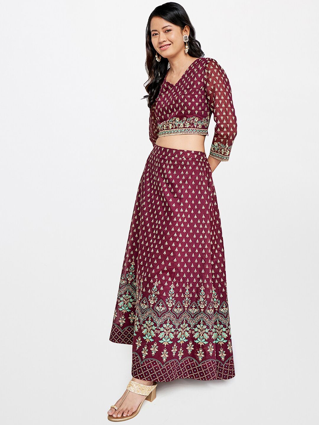 Global Desi Women Maroon Printed Straight Skirts