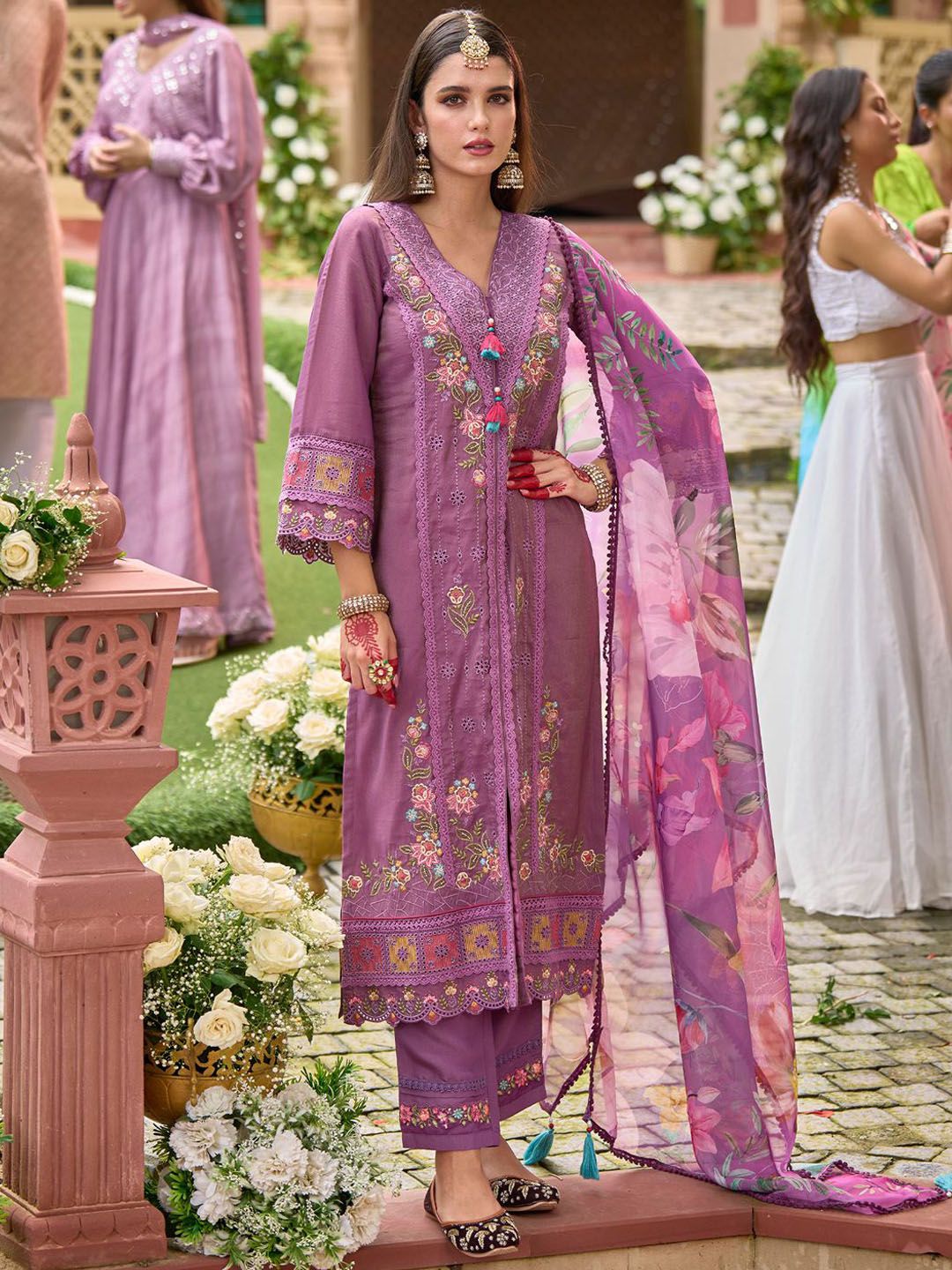 Indo Era Women Floral Embroidered Panelled Thread Work Kurta with Trousers & With Dupatta