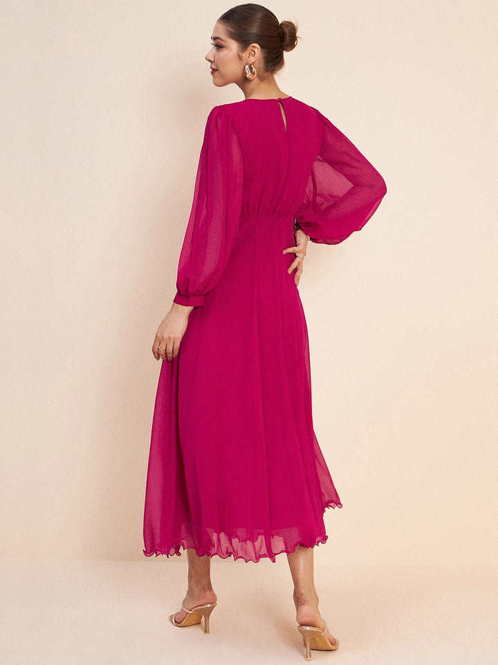 Antheaa Pink Puff Sleeve Embellished Detail Fit & Flare Dress