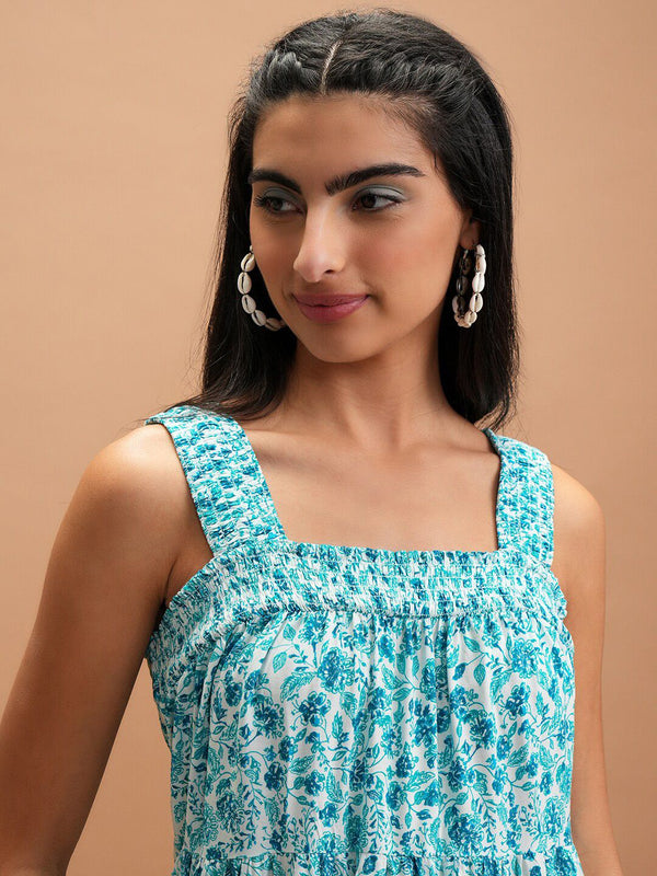 Vishudh Blue Floral Printed Smocked Tiered A-Line Midi Dress