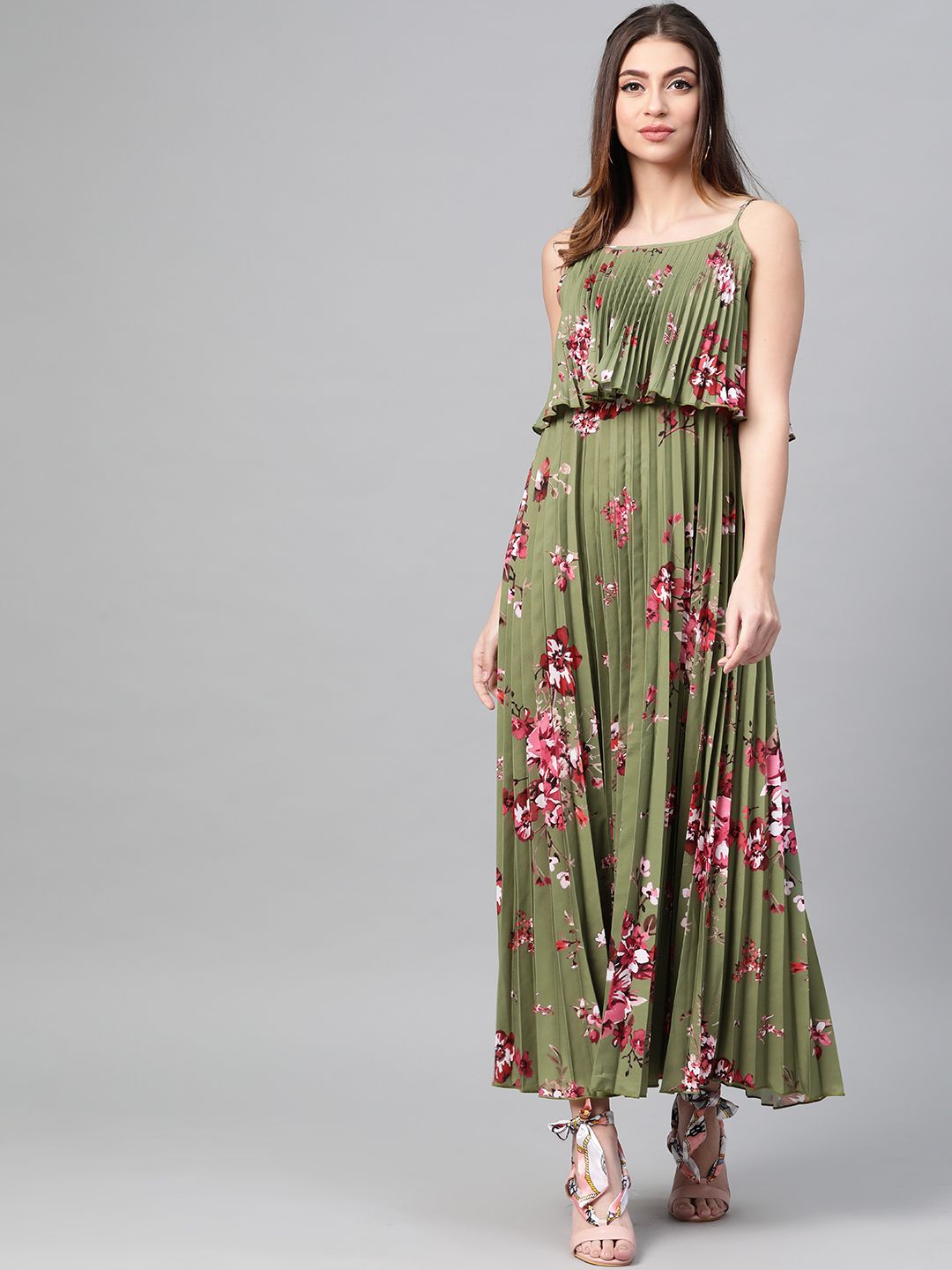 SASSAFRAS Olive Green & Pink Accordion Pleat Printed Maxi Dress