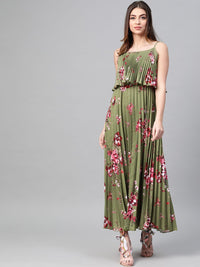SASSAFRAS Olive Green & Pink Accordion Pleat Printed Maxi Dress