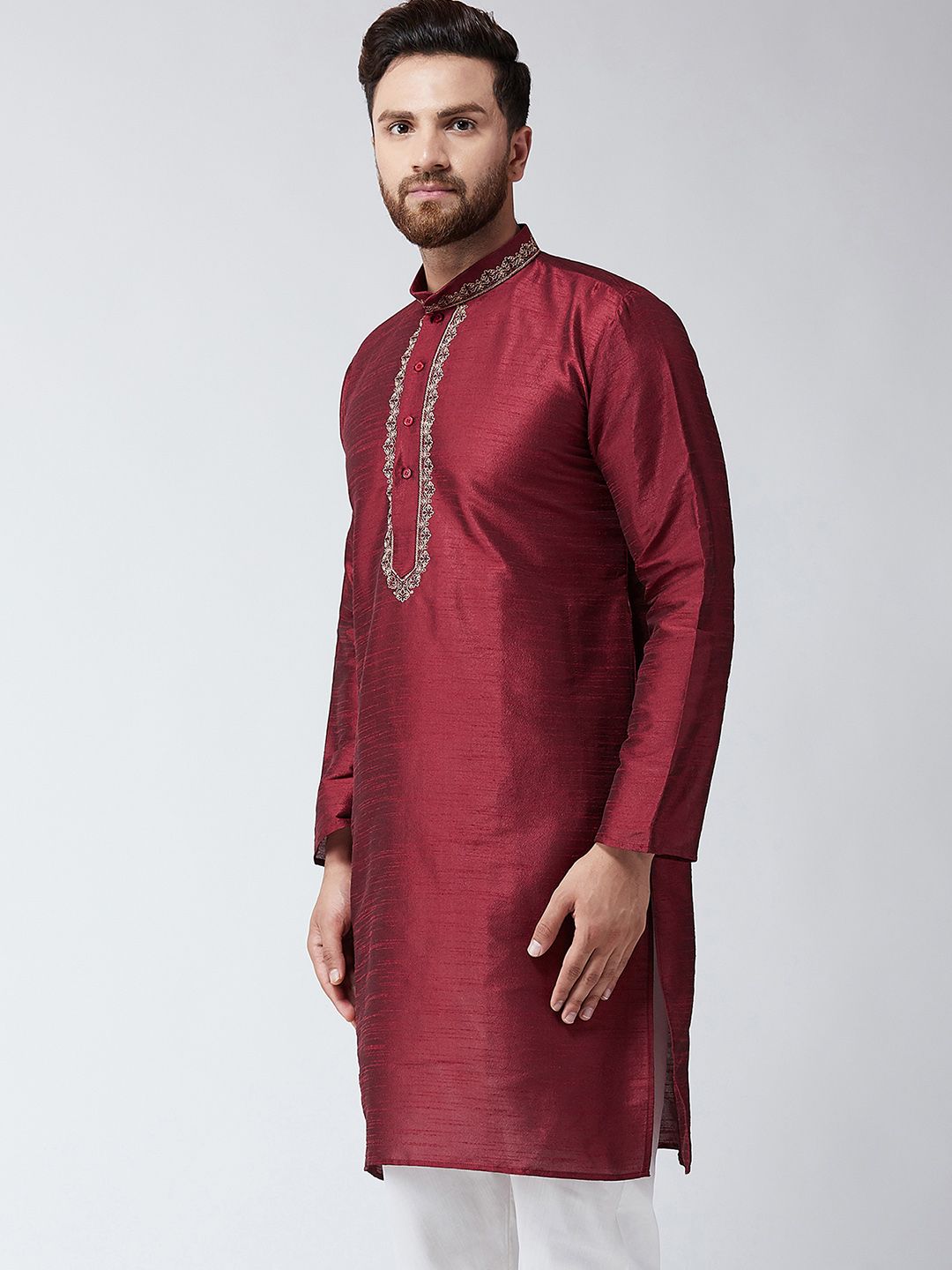 SOJANYA Men Maroon Embroidered Straight Kurta