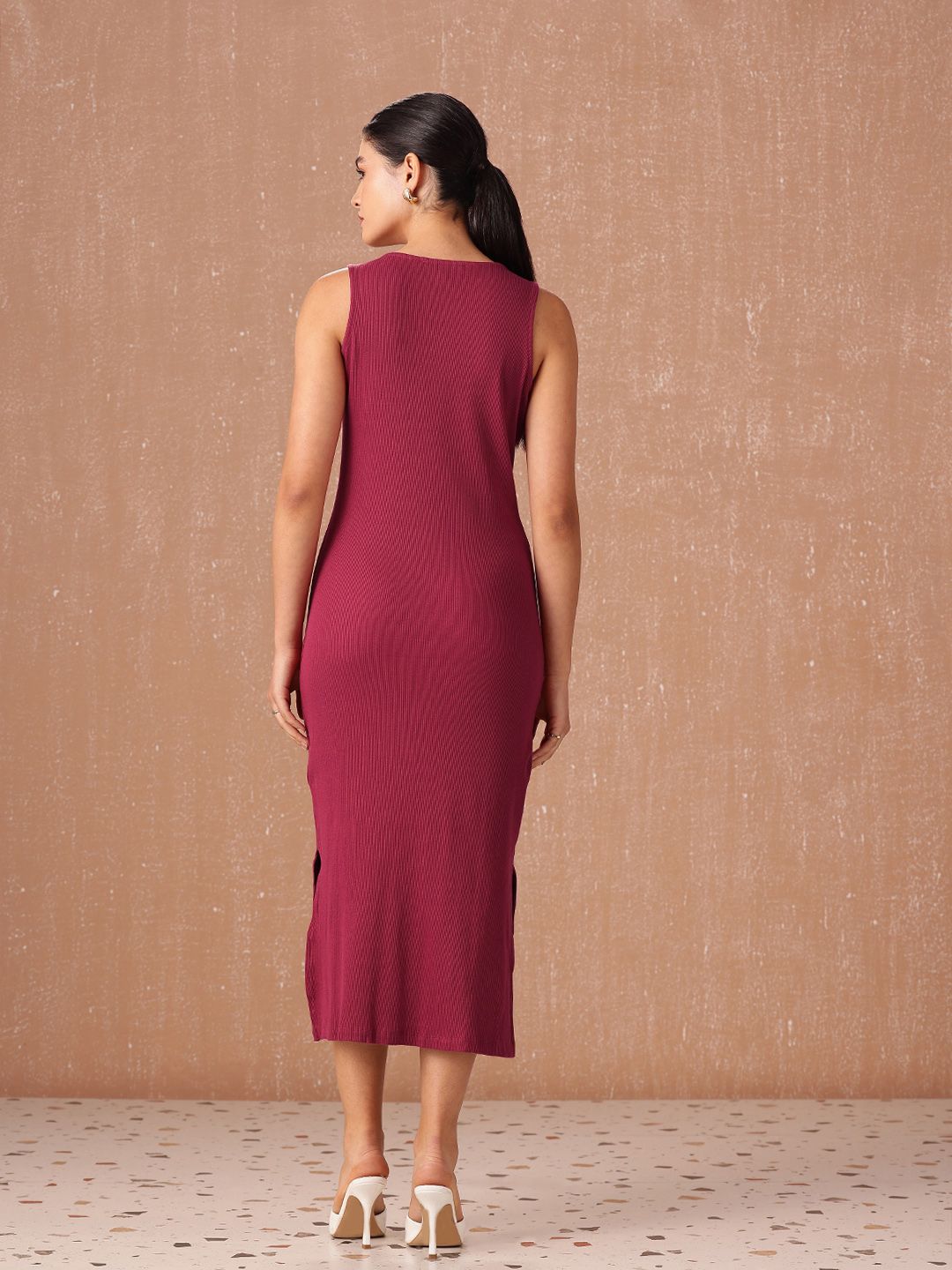 all about you Pure Cotton Ribbed Sleeveless Side Slits Sheath Midi Dress