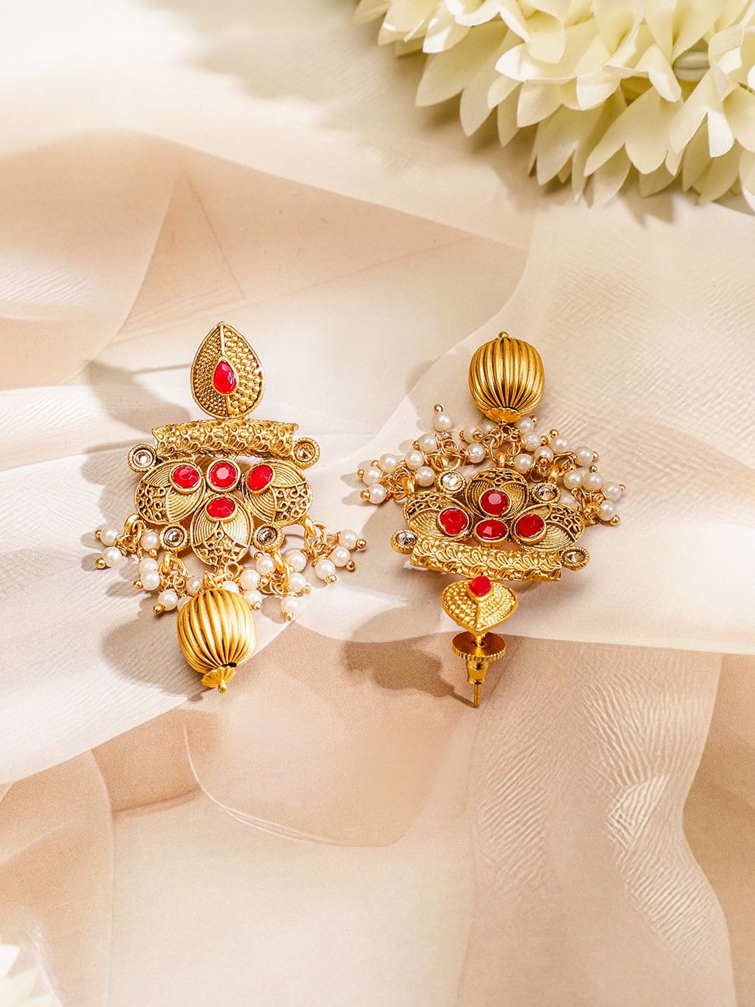 Rubans 22K Gold-Plated Ruby & White Pearl Beaded Multistrand Temple Motif Jewellery Set