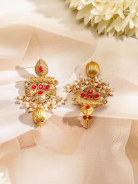 Rubans 22K Gold-Plated Ruby & White Pearl Beaded Multistrand Temple Motif Jewellery Set