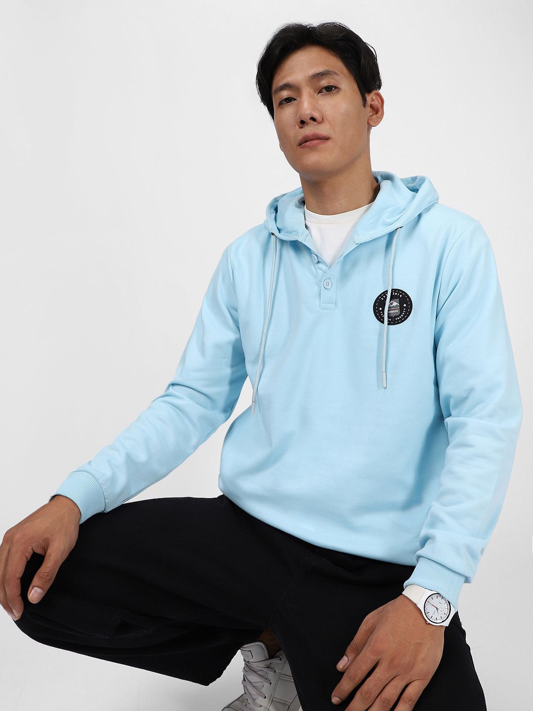 Urbano Fashion Cotton Solid Button Hooded Neck Sweatshirt