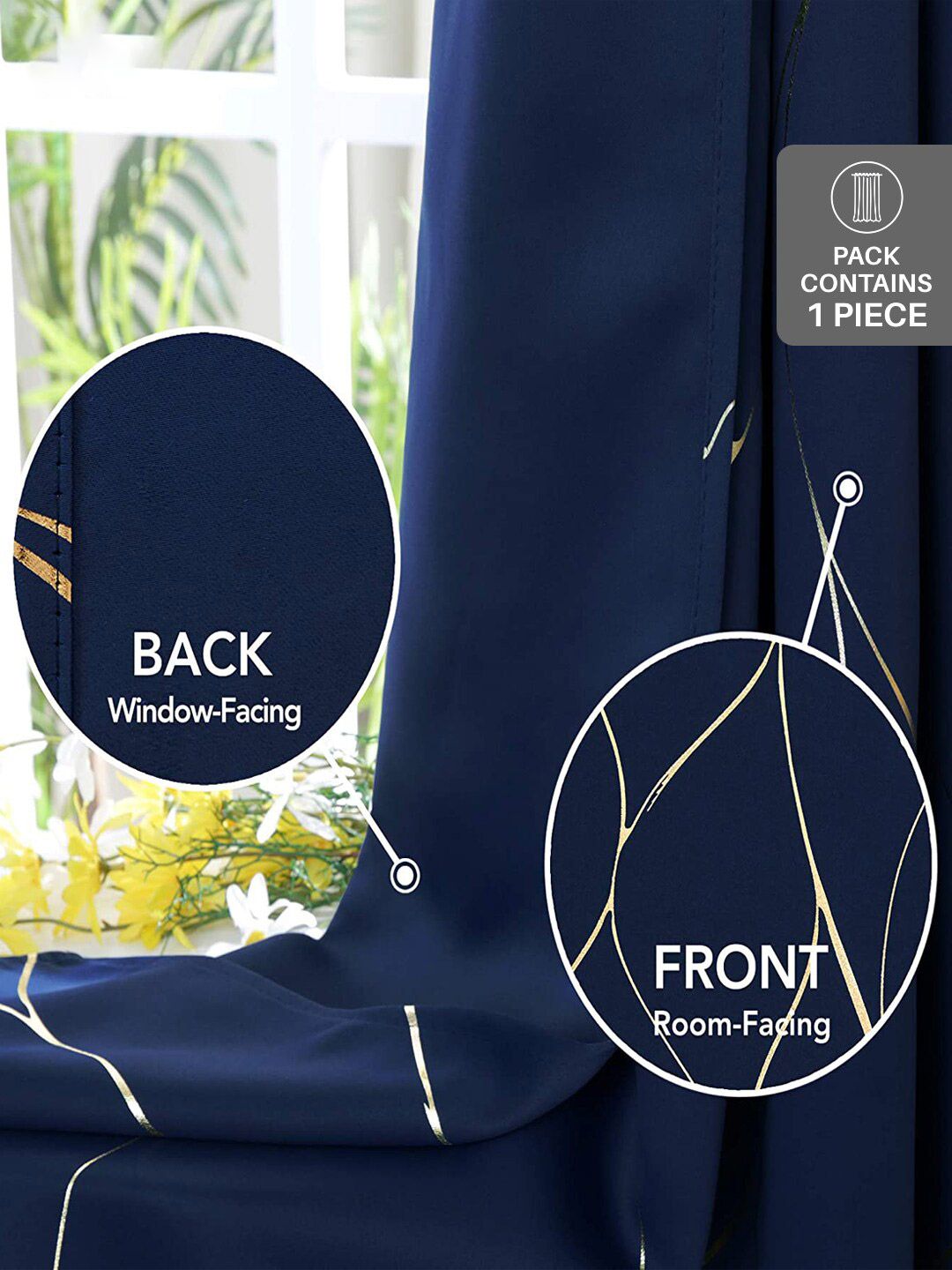 URBAN SPACE Gold Foil Navy Blue & Gold-Toned Printed Black Out Door Curtain