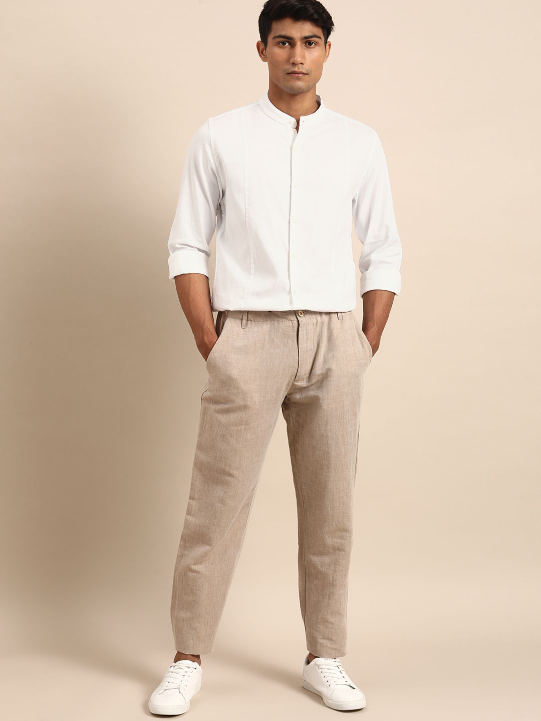 ether Men White Solid Mandarin Collar Casual Shirt