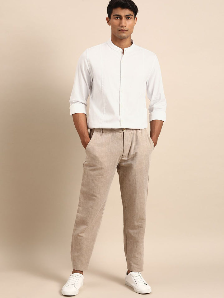 ether Men White Solid Mandarin Collar Casual Shirt