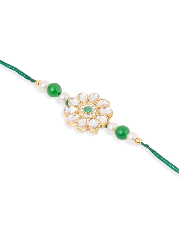 NVR Set of 2 Kundan Studded Gold Toned Bhaiya Bhabhi Rakhi Set with Roli Chawal