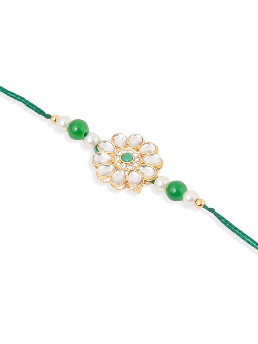 NVR Set of 2 Kundan Studded Gold Toned Bhaiya Bhabhi Rakhi Set with Roli Chawal