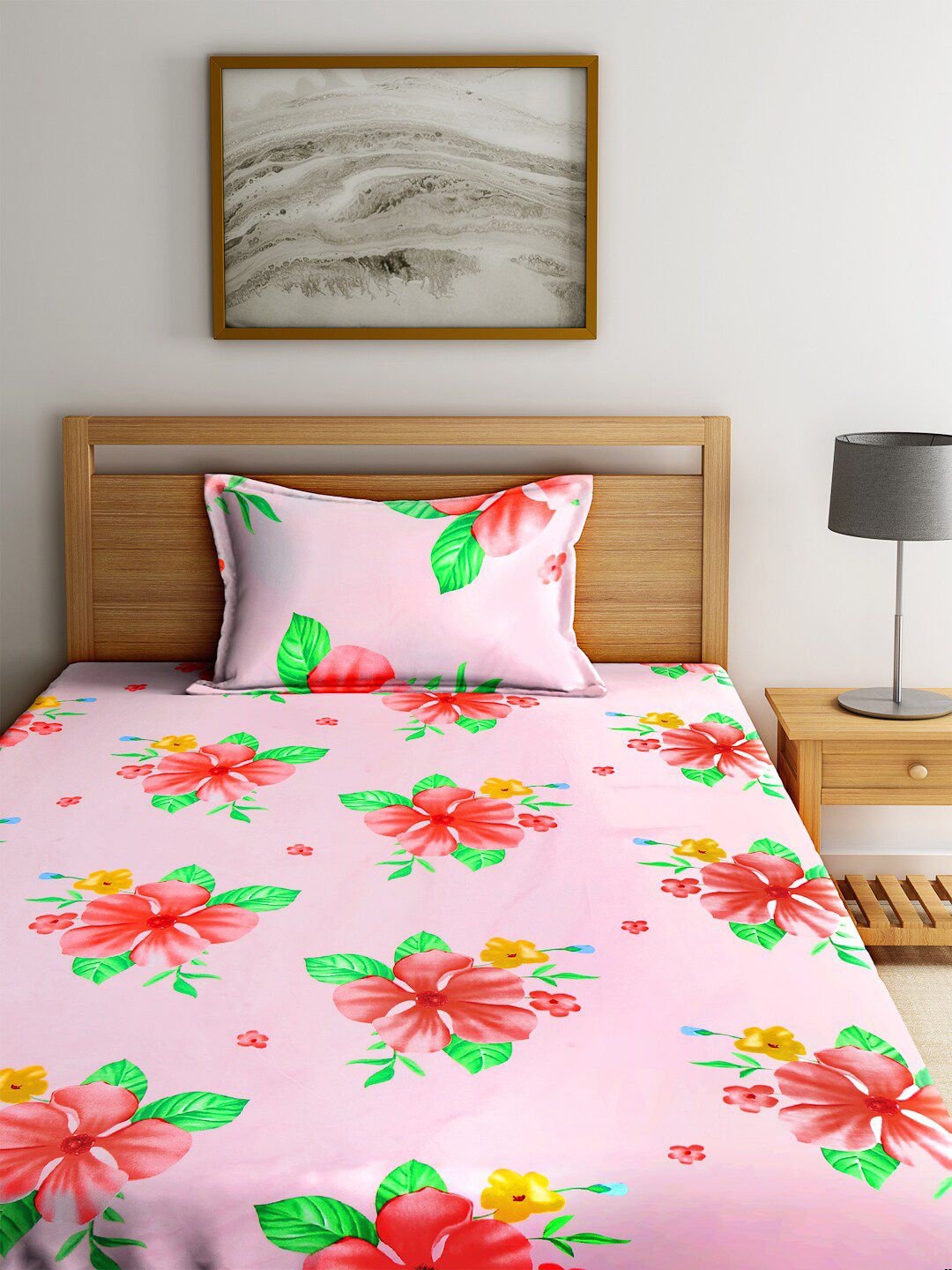KLOTTHE Floral Pink Polycotton 210 TC Single Cadar Halus dengan Sarung Bantal-89 x 59 inci