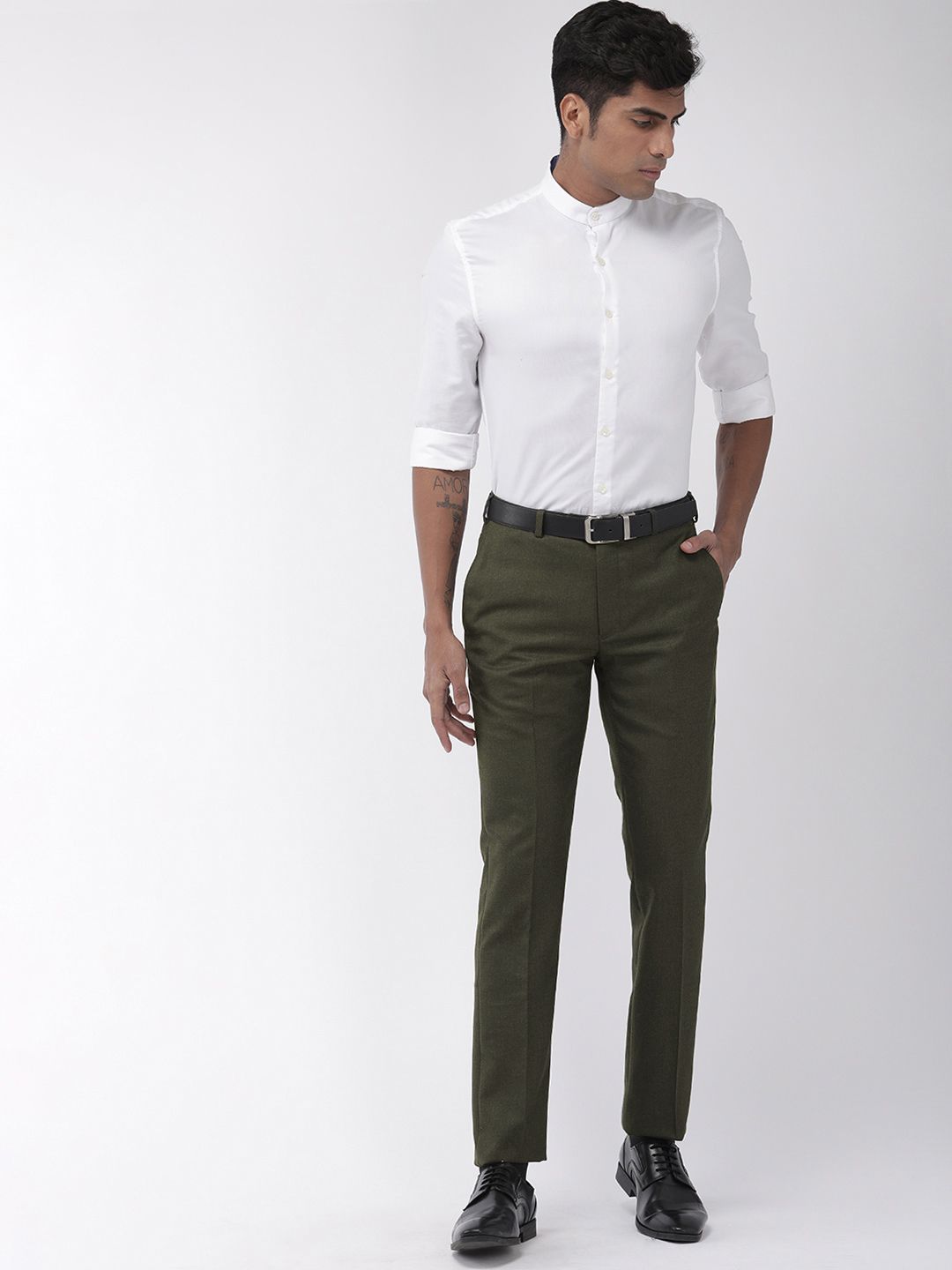 Raymond Men Olive Green Slim Fit Solid Formal Trousers
