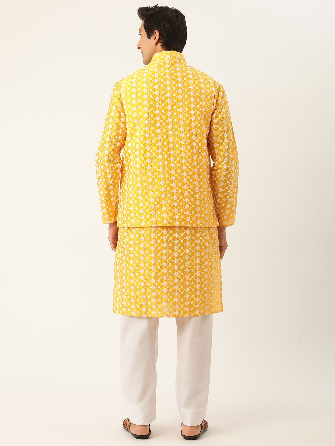 SOJANYA Kurta Sulam Lelaki Kuning & Putih dengan Piyama & Jaket Nehru