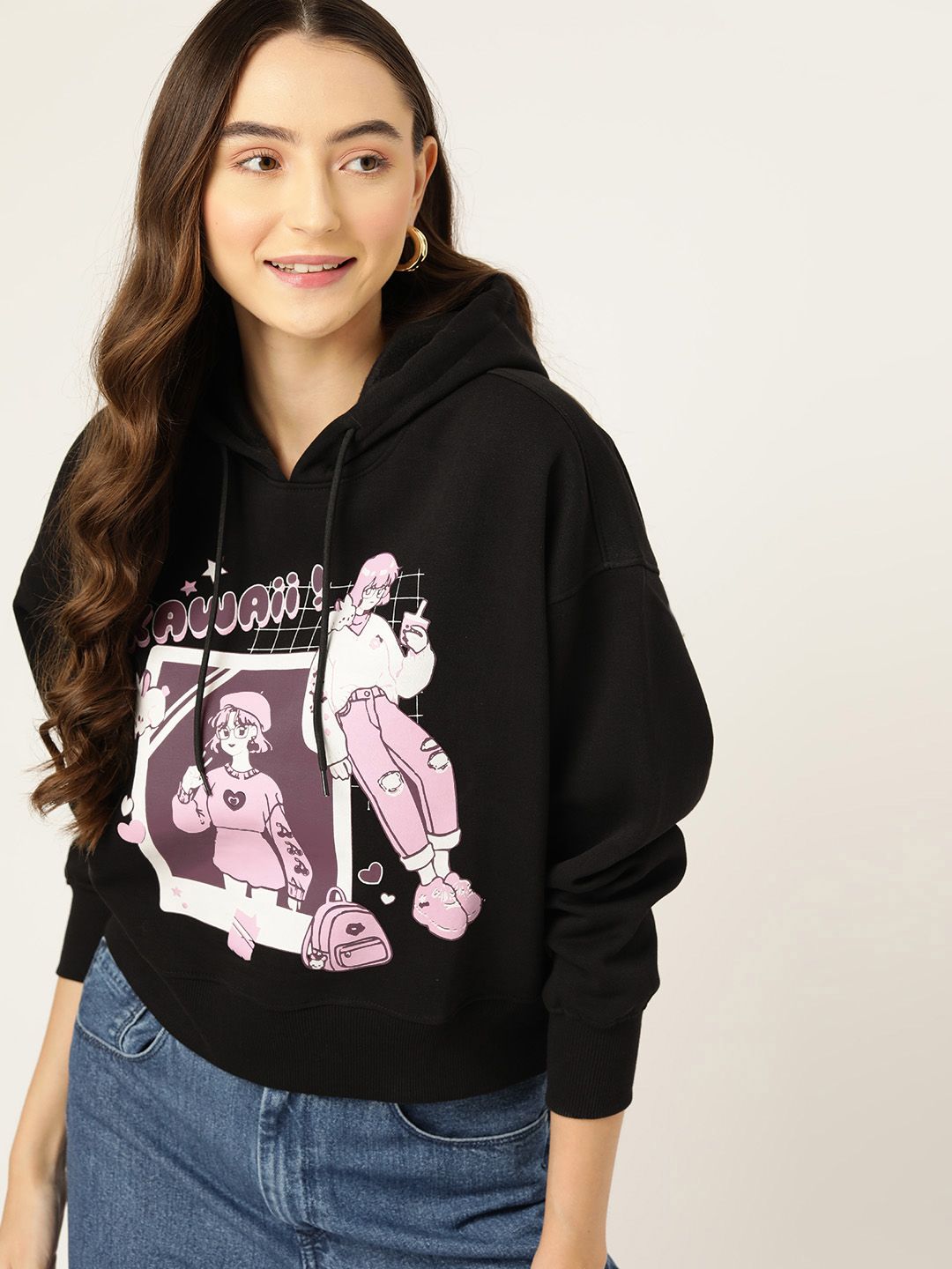DressBerry Kawaii Printed Drop-Shoulder Hooded Sweatshirt