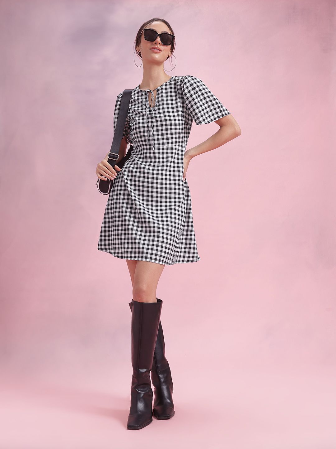 DressBerry Checked Tie-Up Neck Flared Sleeve Sheath Mini Dress