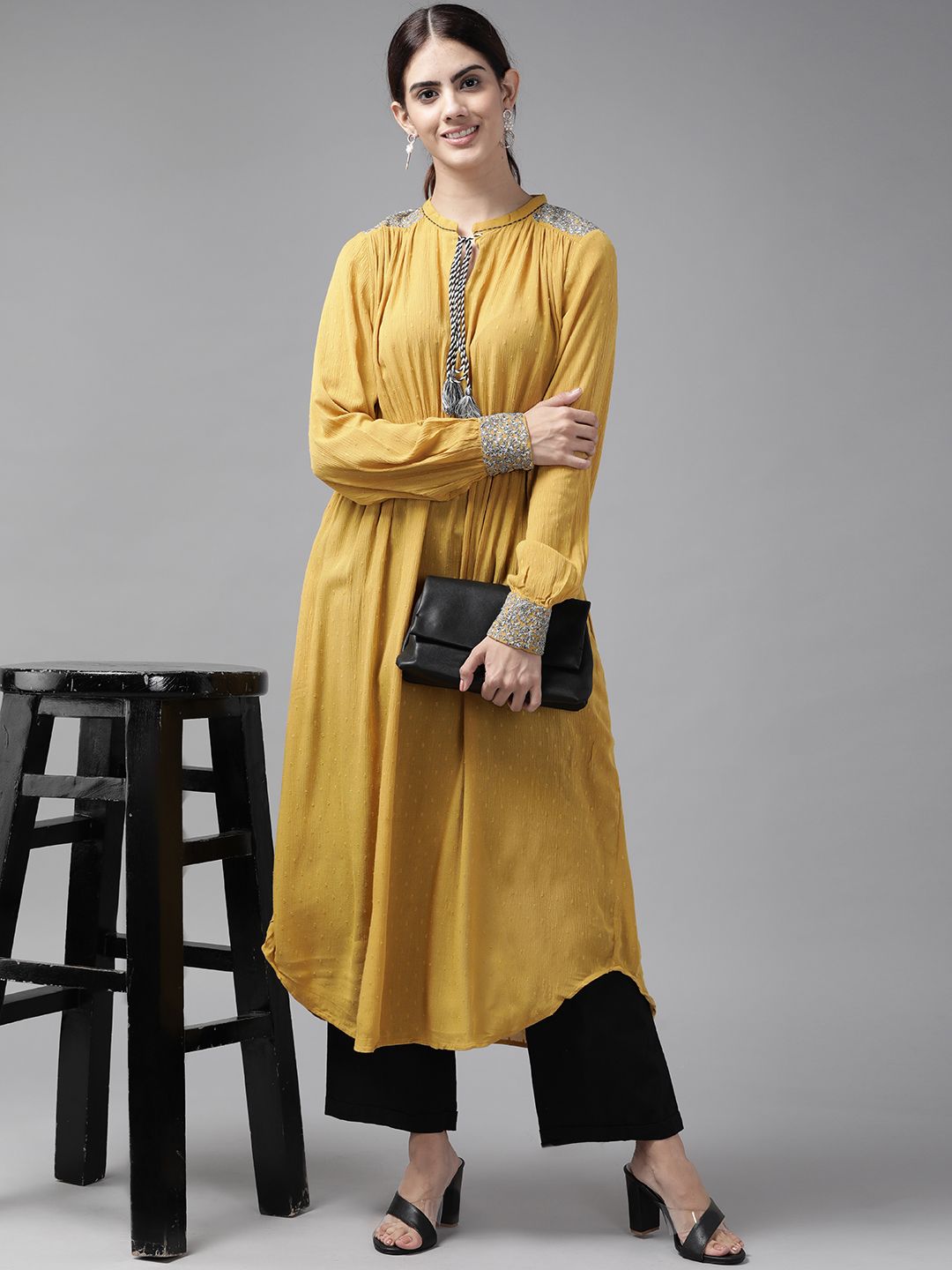 W Women Mustard Yellow Woven Design A-Line Kurta