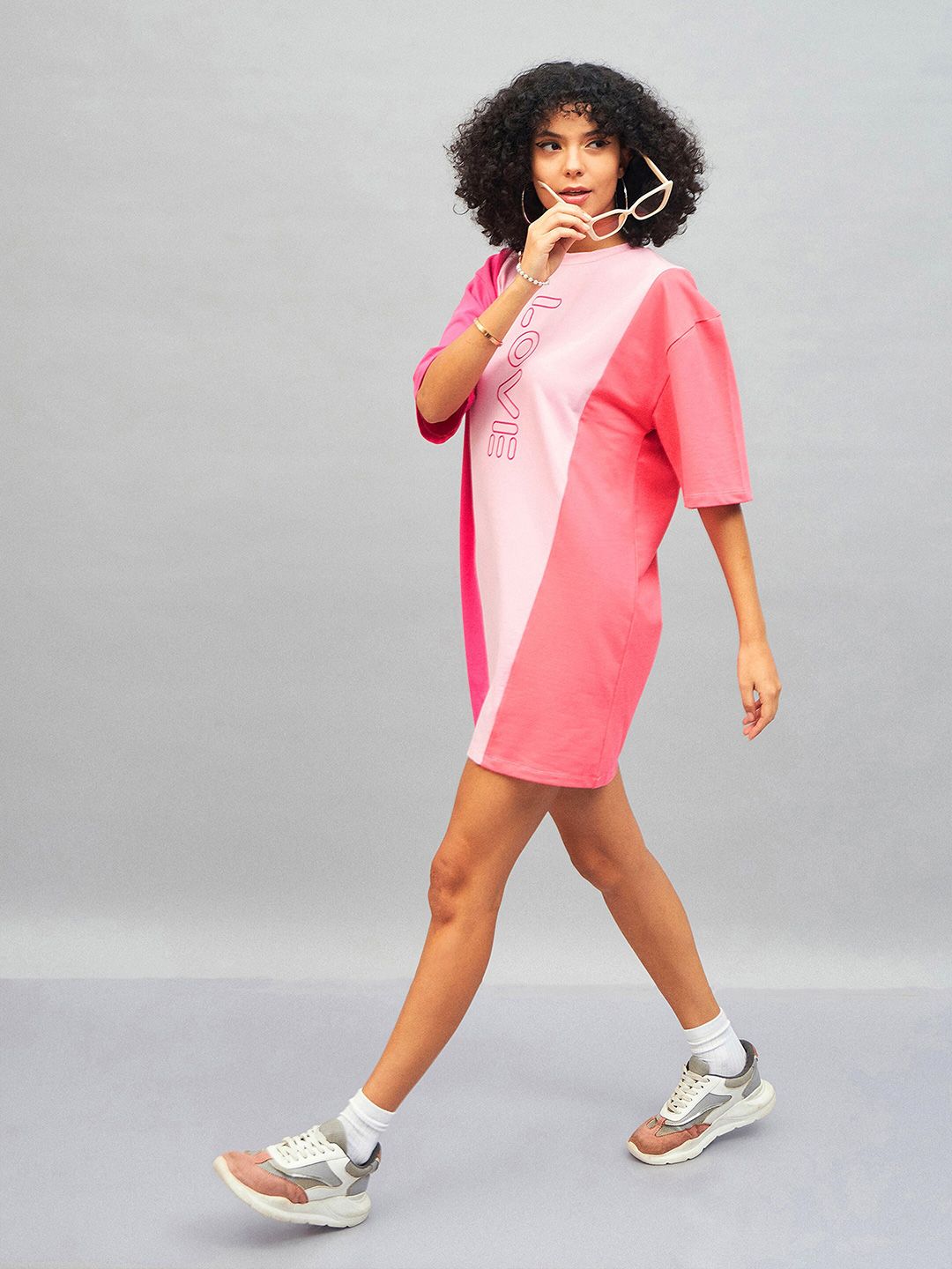 SASSAFRAS Pink Love Colourblocked Cotton T-shirt Mini Dress
