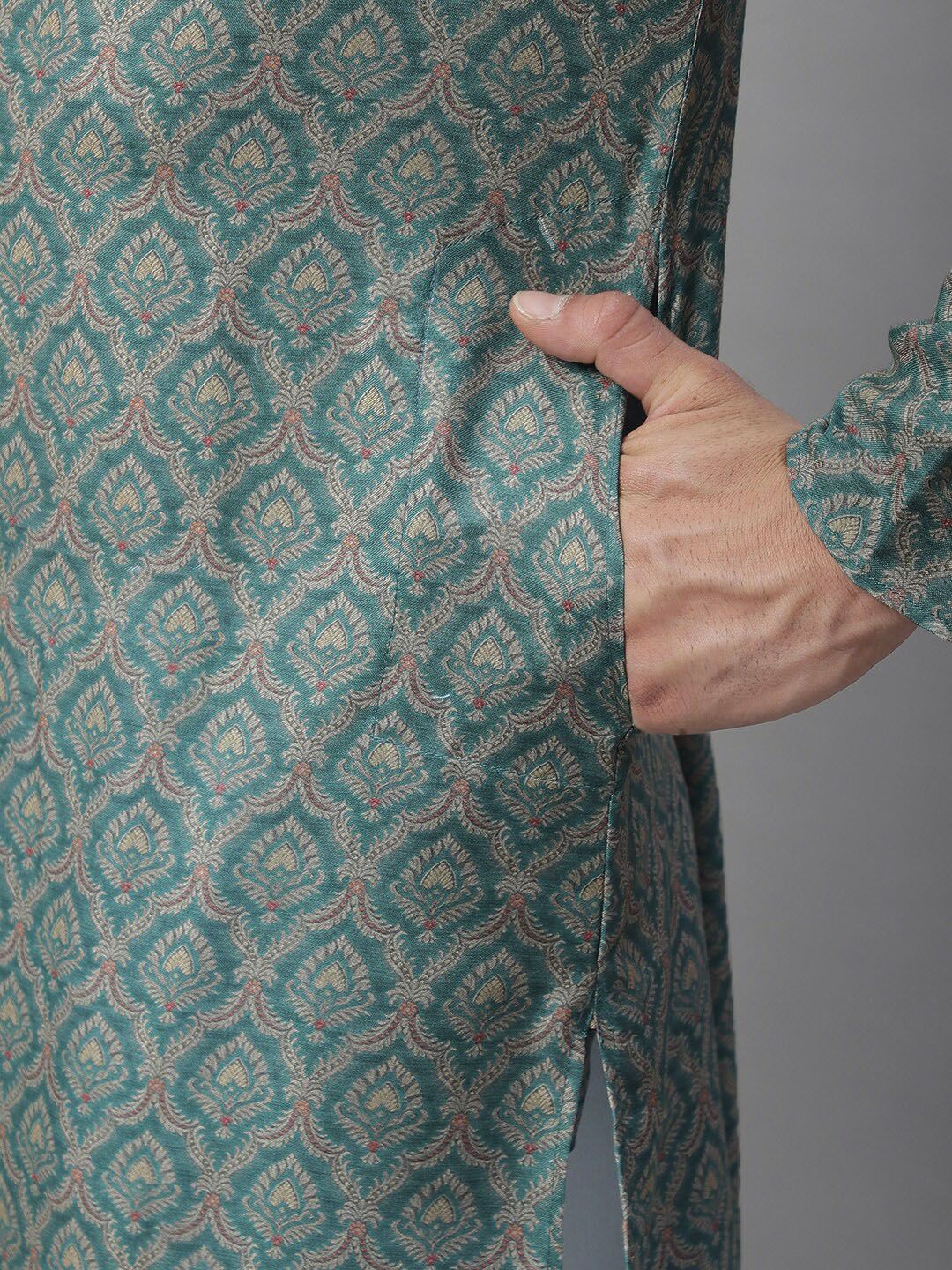 Anouk Teal Green and white Ethnic Printed Band Collar Pure Cotton Kurta with Pyjamas