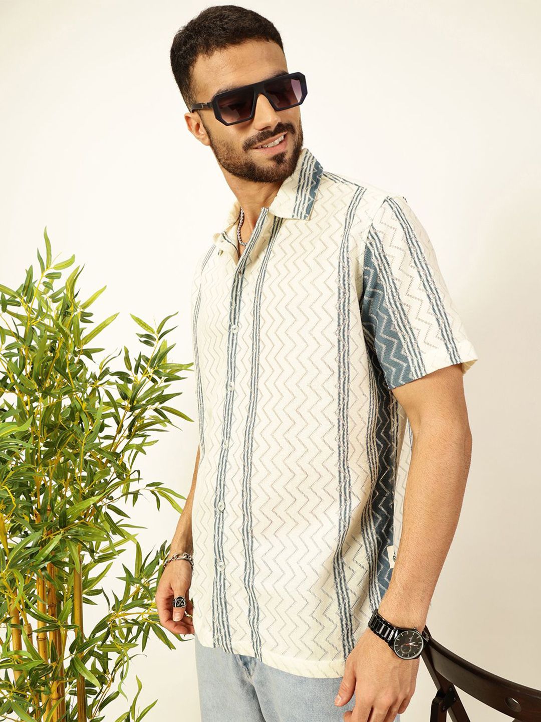 Thomas Scott Men Geometric Printed Regular Fit Semi-Sheer Casual Crochet Shirt