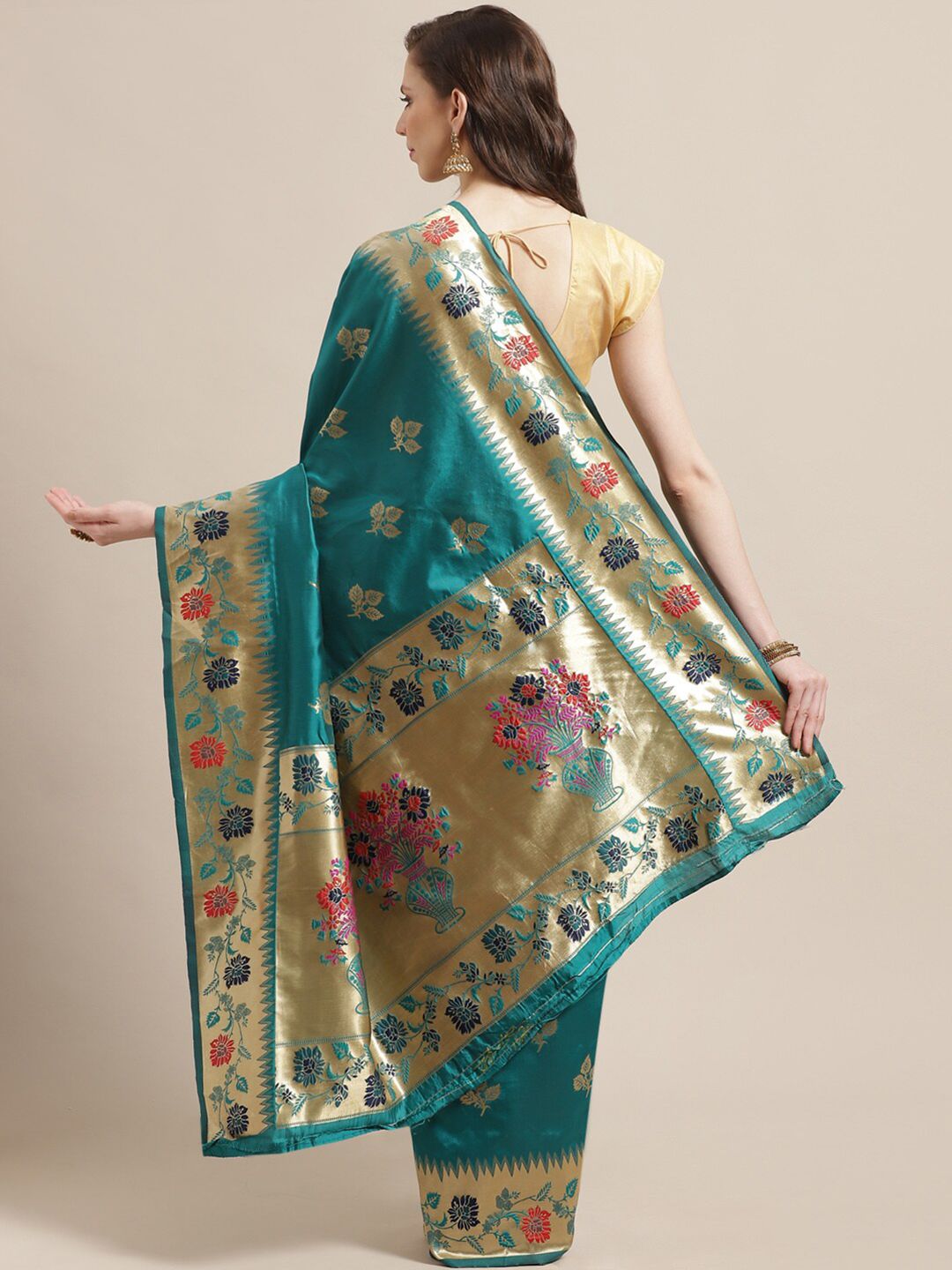 Saree mall Green & Navy Blue Woven Design Zari Silk Blend Sarees