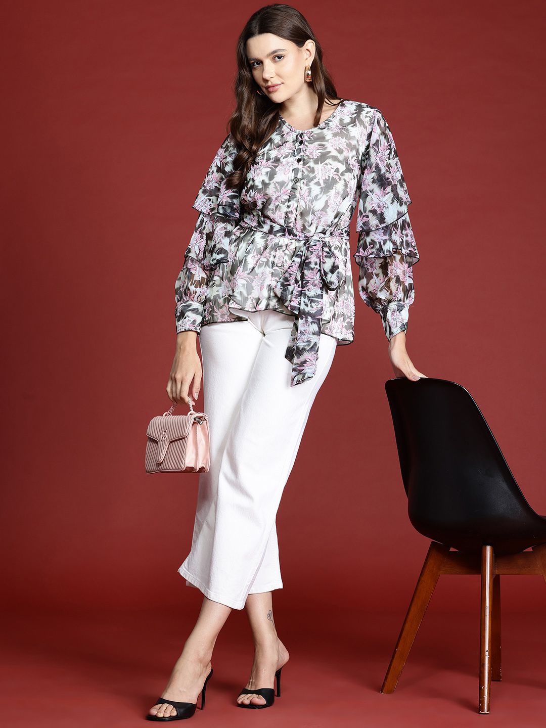 all about you Floral Print Puff Sleeves Ruffles Peplum Top