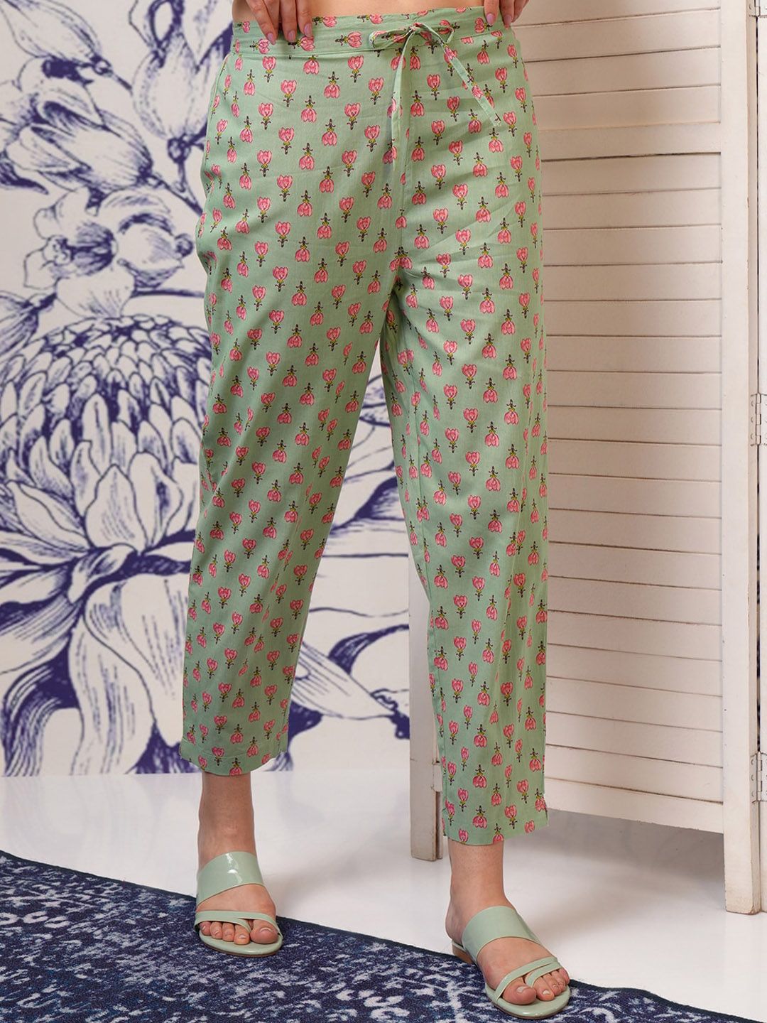 Vishudh Green Floral Printed Mirror Work Pure Cotton Kurta With Trousers & Dupatta