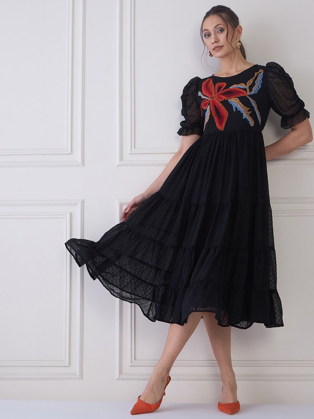 Antheaa Embroidered Round Neck Puff Sleeve Tiered Fit & Flare Midi Dress