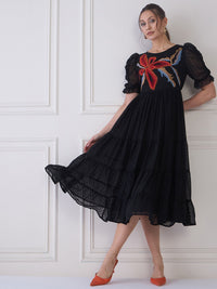 Antheaa Embroidered Round Neck Puff Sleeve Tiered Fit & Flare Midi Dress