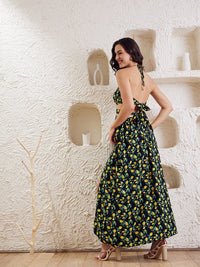 Berrylush Black Converstional Printed Halter Neck Tie Up Crepe A-Line Dress