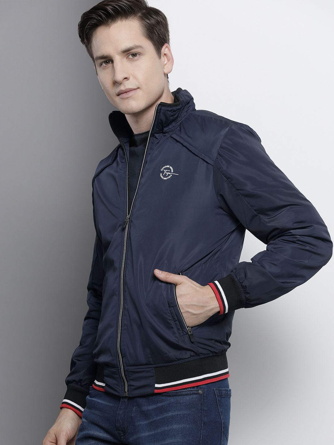 The Indian Garage Co Men Blue Solid Biker Jacket