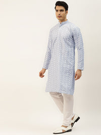 SOJANYA Kurta Sulam Chikankari Biru Lelaki dengan Jaket Churidar & Nehru