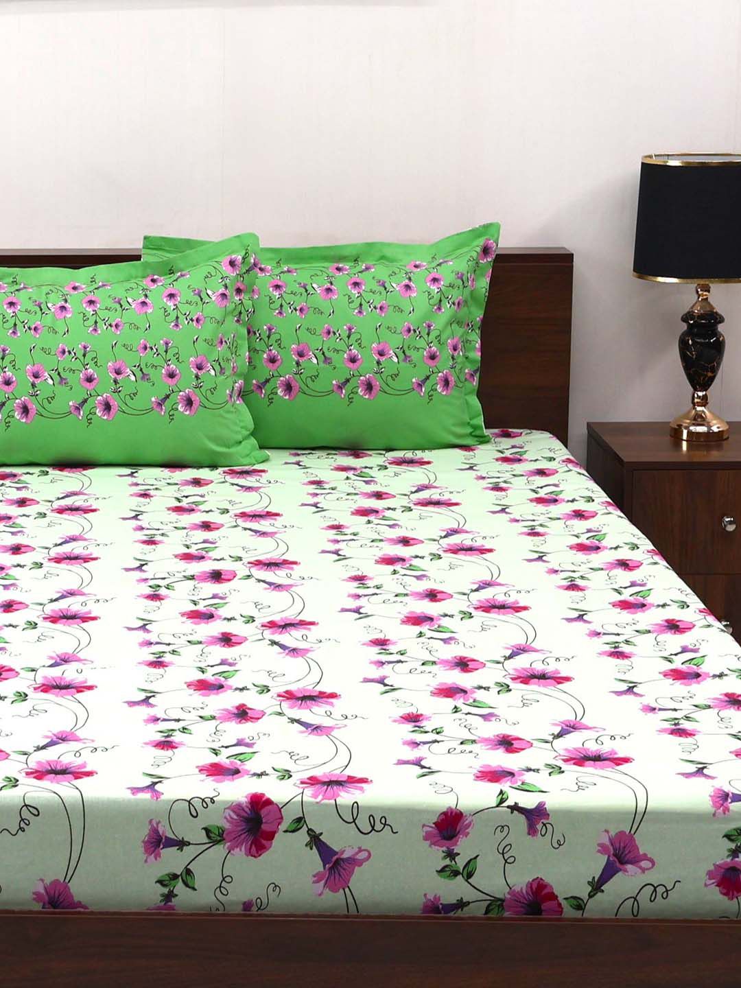 BOMBAY DYEING Aster Green Floral 100 TC Cotton Queen Bedsheet Set-2.24 m X 2.44 m