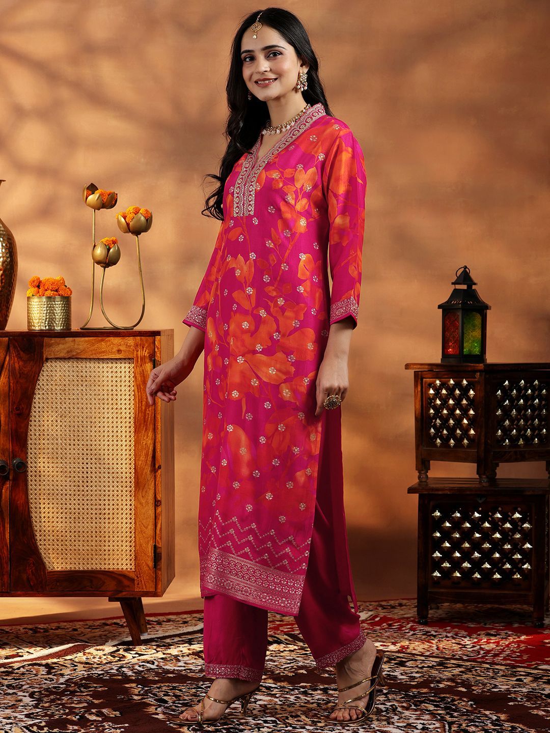 Libas Women Floral Printed Regular Sequinned Kurta with Trousers & With Dupatta