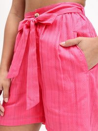 DressBerry Coral Crush Striped Threadwork Pure Cotton Belted Shorts