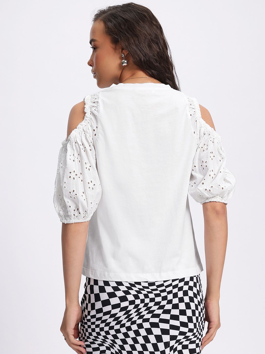 DressBerry Porcelain White Craze Cold-Shoulder Schiffli Top