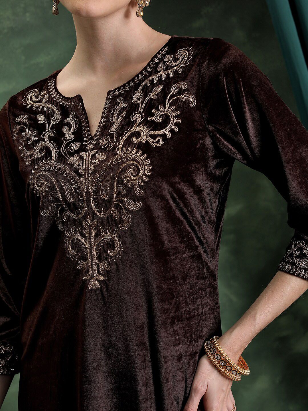 Vishudh Coffee Brown Floral Yoke Design Notch Neck Thread Work Straight Kurta