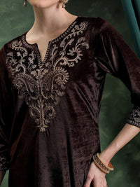 Vishudh Coffee Brown Floral Yoke Design Notch Neck Thread Work Straight Kurta
