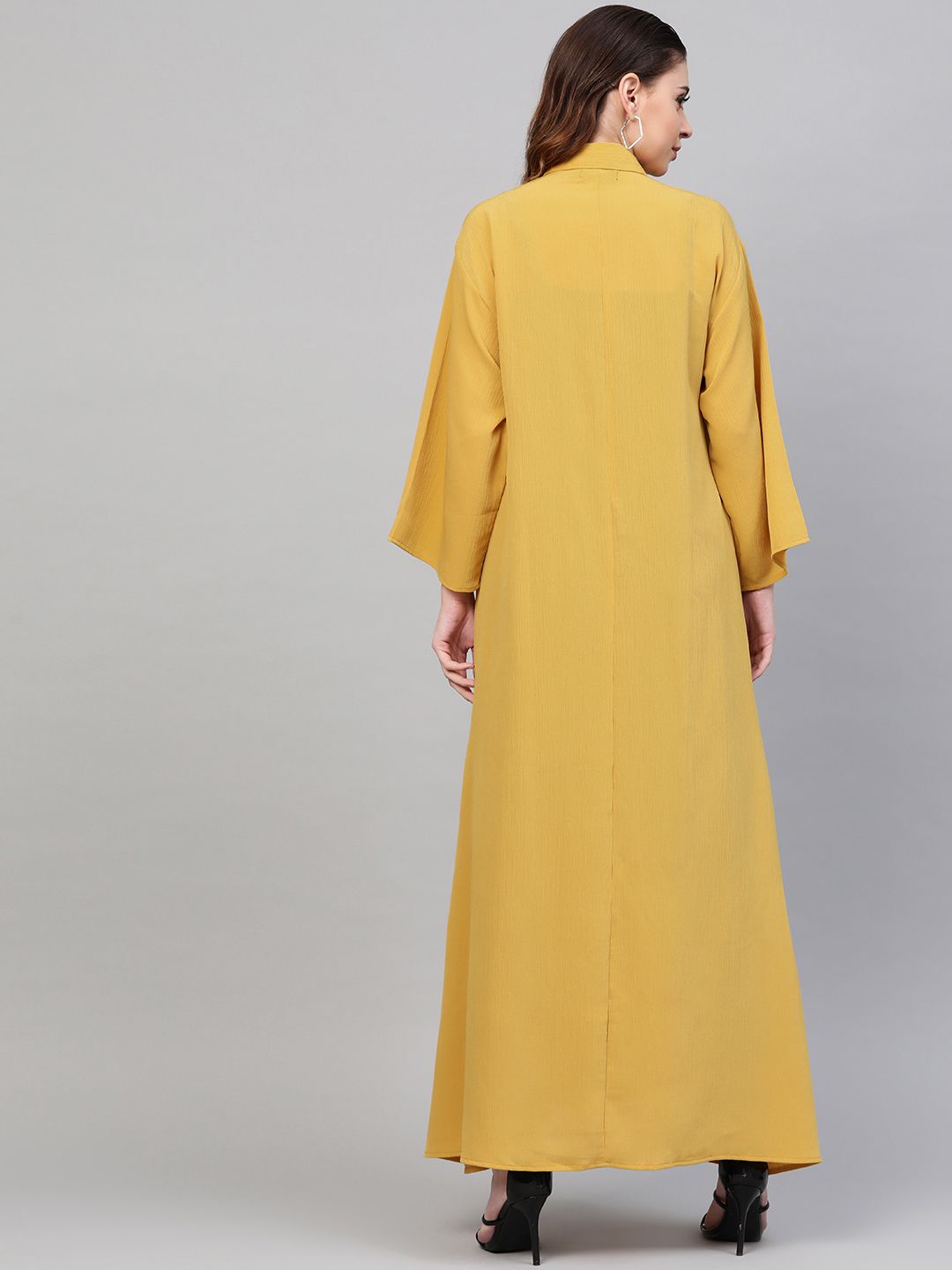 SASSAFRAS Women Mustard Yellow Solid Longline Shirt Style Shrug