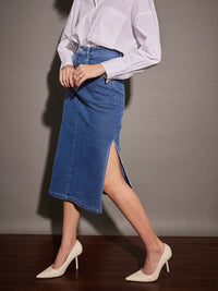 SASSAFRAS Blue Side Slit A-Line Midi Skirt