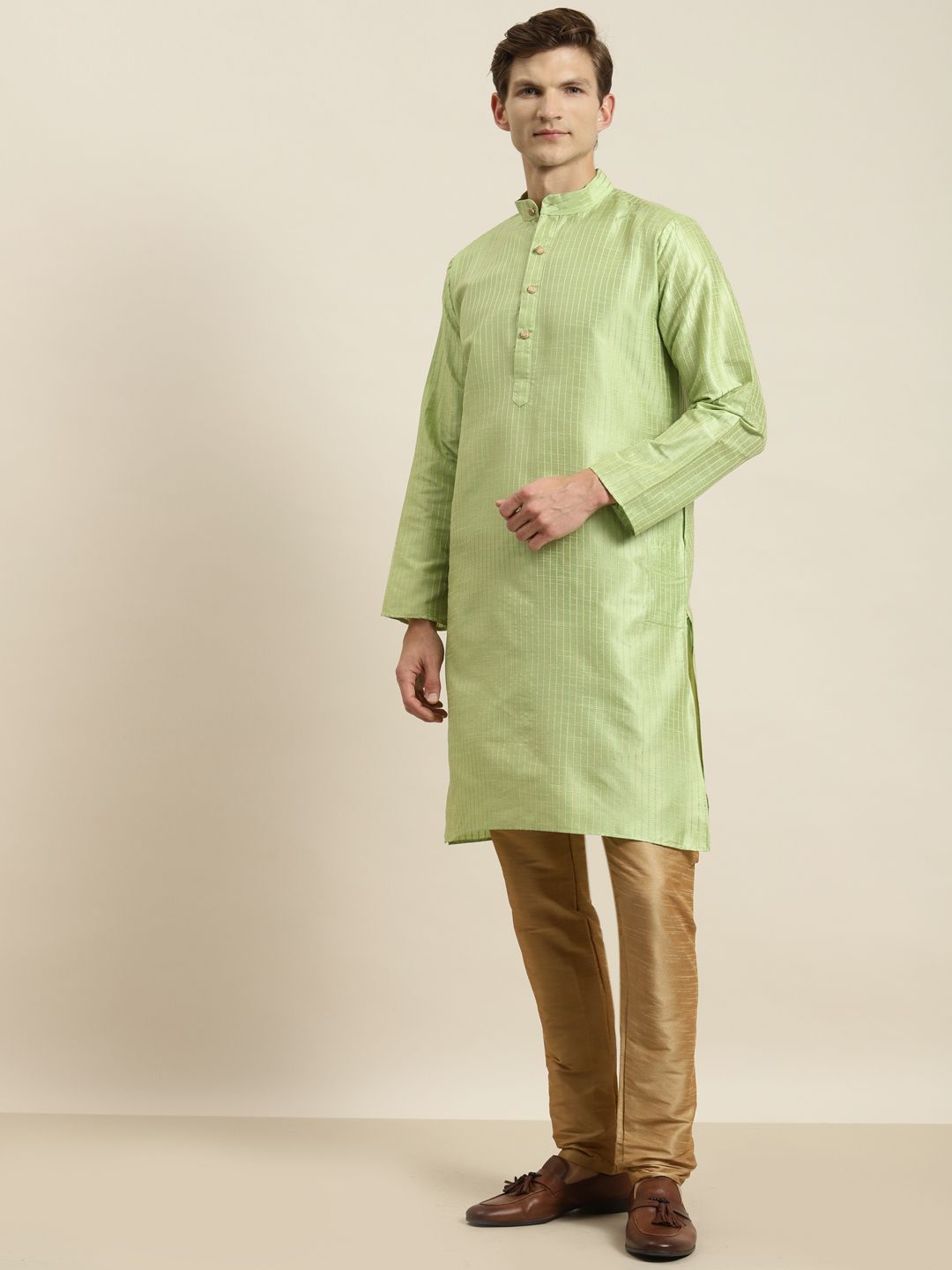 SOJANYA Men Green Striped Kurta with Churidar & Nehru Jacket