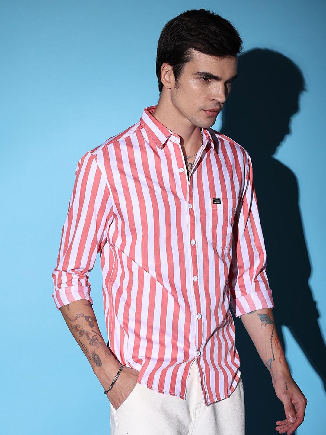 The Indian Garage Co Pink Slim Fit Vertical Striped Spread Collar Cotton Casual Shirt