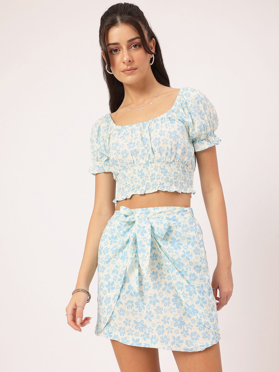 DressBerry Floral Print Crop Top with Mini Skirt Co-Ords