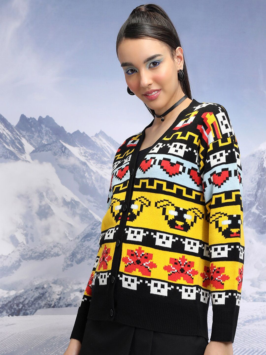 Tokyo Talkies Black Graphic Printed V-Neck Long Sleeves Acrylic Cardigan Sweater