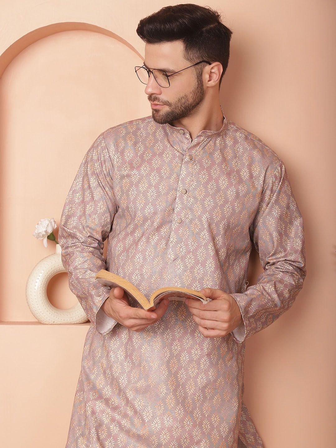 Jompers Floral Foil Printed Mandarin Collar Straight Kurta With Pajamas