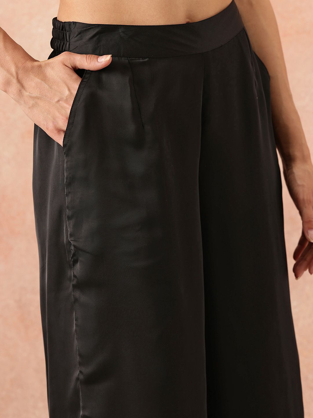 all about you Notched Lapel Collar Drop-Sleeves Satin Straight Kurta with Palazzos